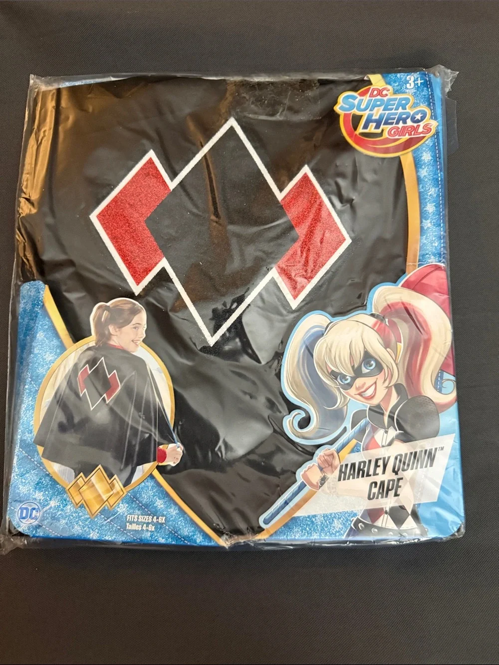 New dc super hero girls Harley Quinn Black & Red Cape fits sizes 4-6x